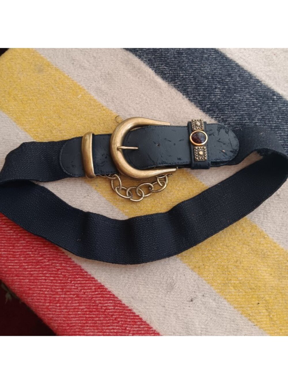 Vintage Black Elastic Fashion Belt With Bronze Buckle & Chain Accent 1980's Glam